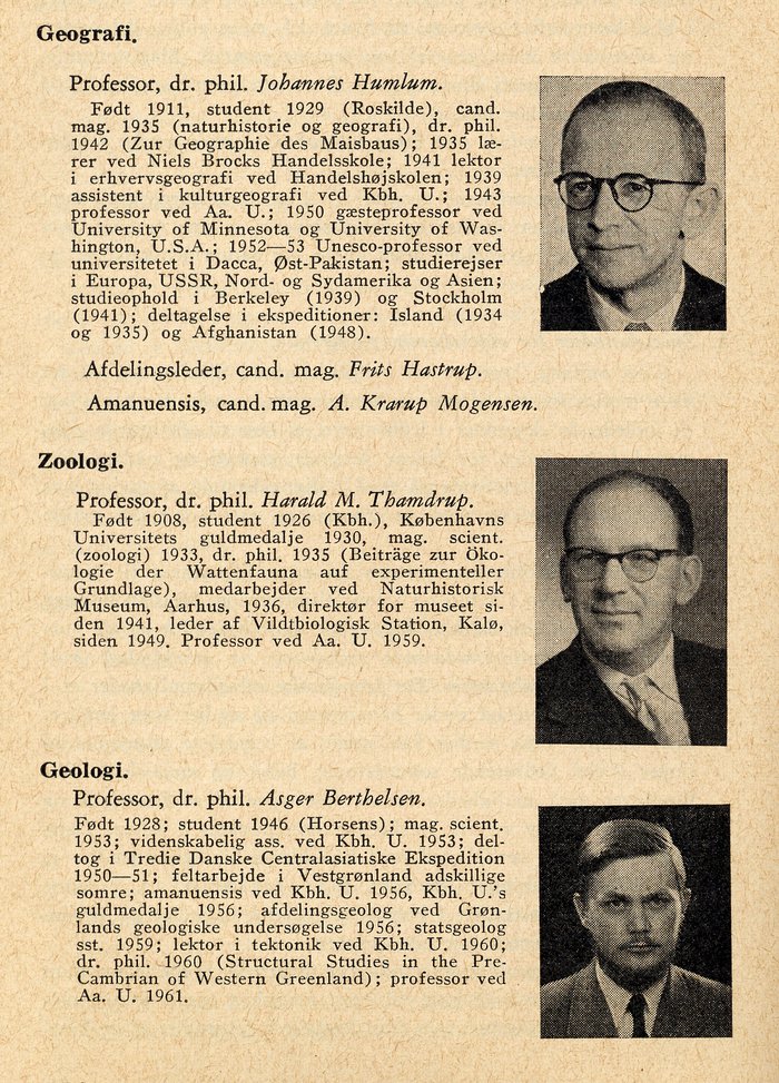 Repræsentanter for den naturhistorisk-geografiske faggruppe under Det naturvidenskabelige Fakultet. Gengivet efter studenterhåndbogen 1962.